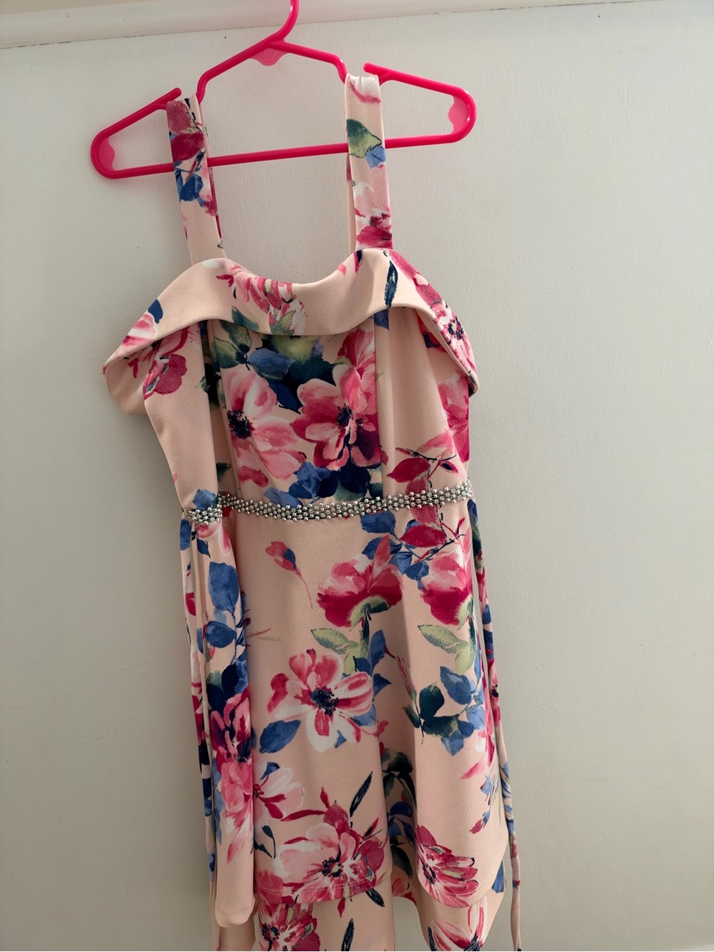 Speechless Pink Floral Party Dress with Blue Accents and Embellished Waist